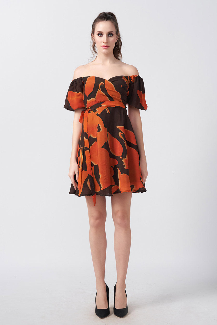 Brown Abstract Printed Short Dress