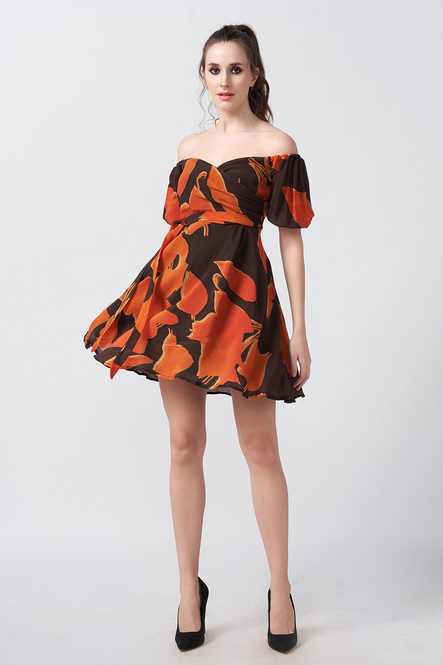 Brown Abstract Printed Short Dress