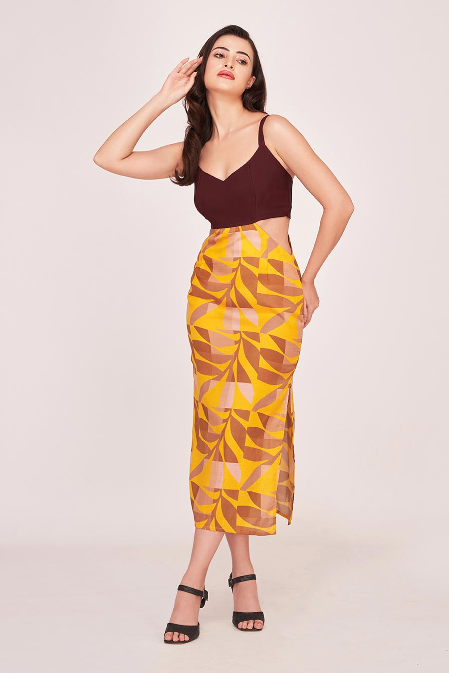 Yellow & Brown Printed Midi Dress