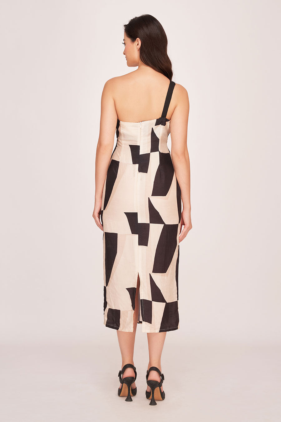 Black Printed One-Shoulder Midi Dress