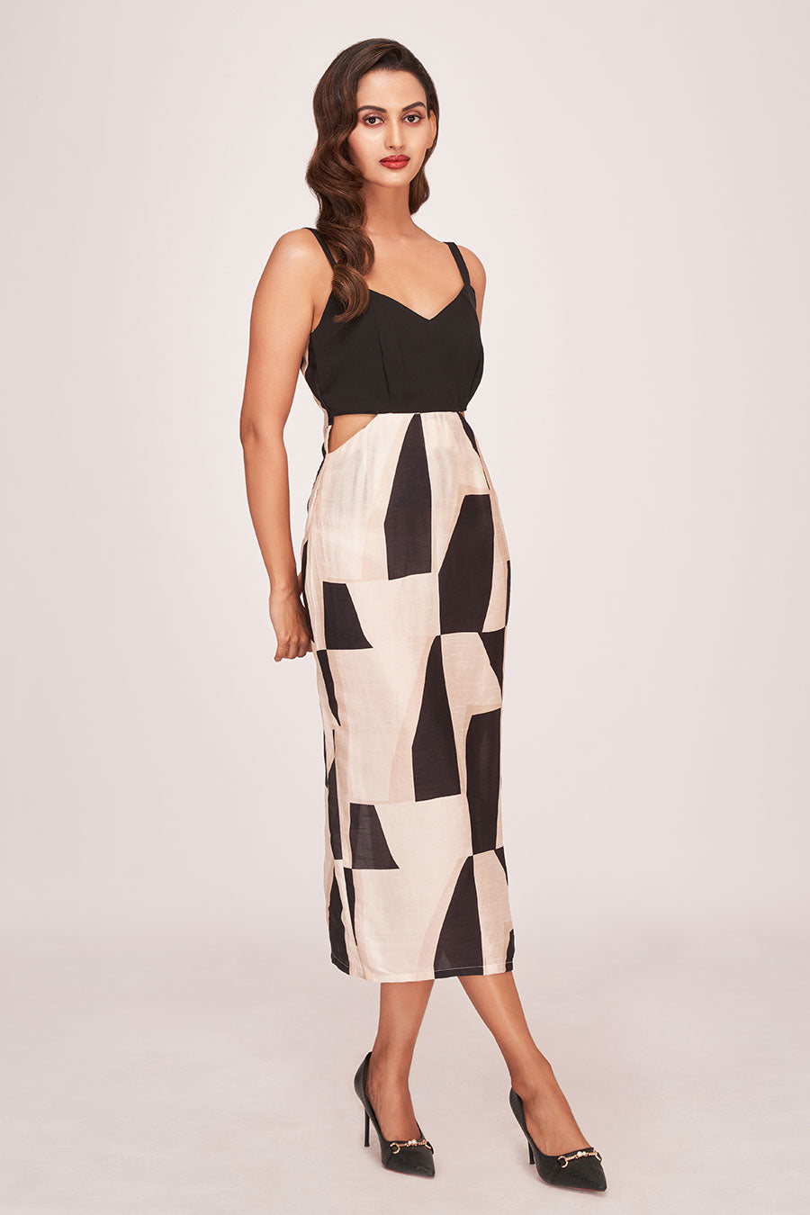 Black Printed Cut-Out Midi Dress
