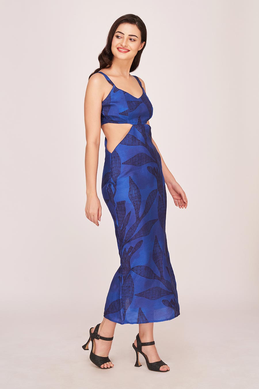Blue Printed Cut-Out Midi Dress