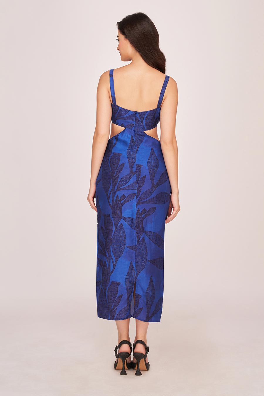 Blue Printed Cut-Out Midi Dress