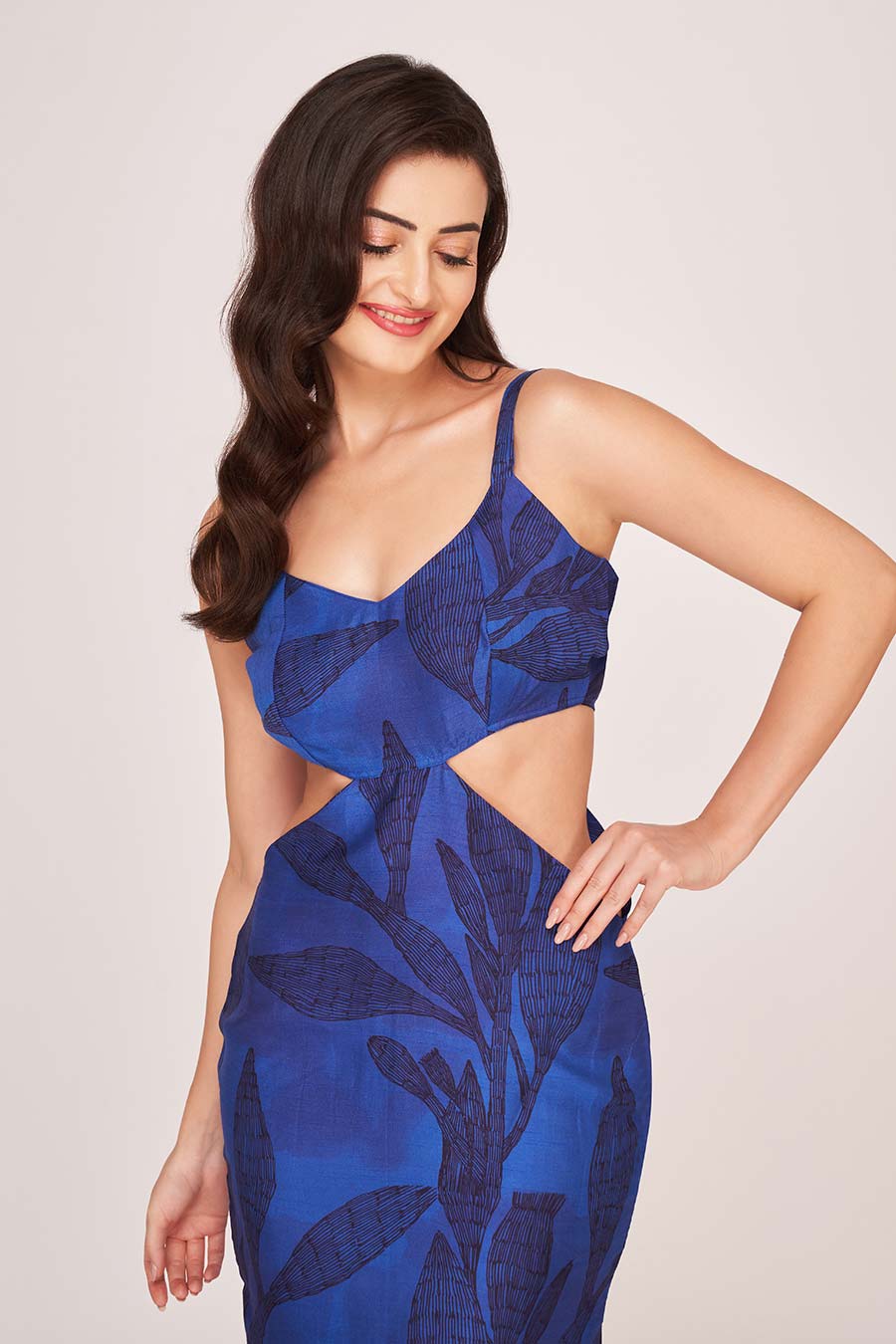 Blue Printed Cut-Out Midi Dress