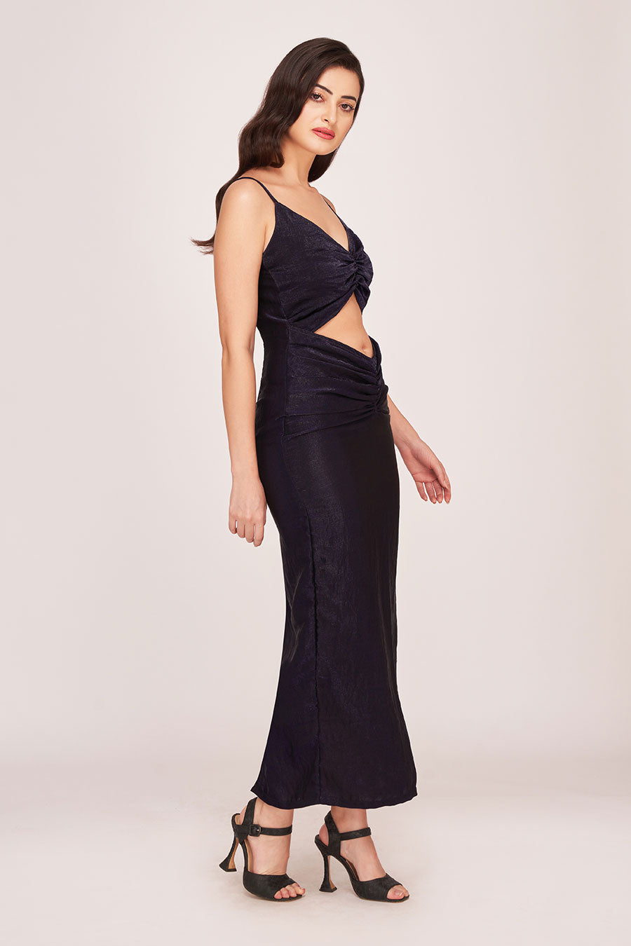 Dark Purple Ruched Cut-Out Long Dress