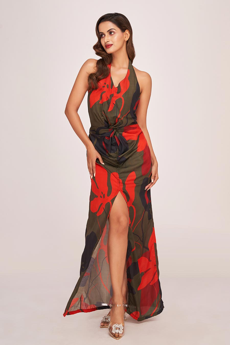 Multicolour Printed Knot Long Dress