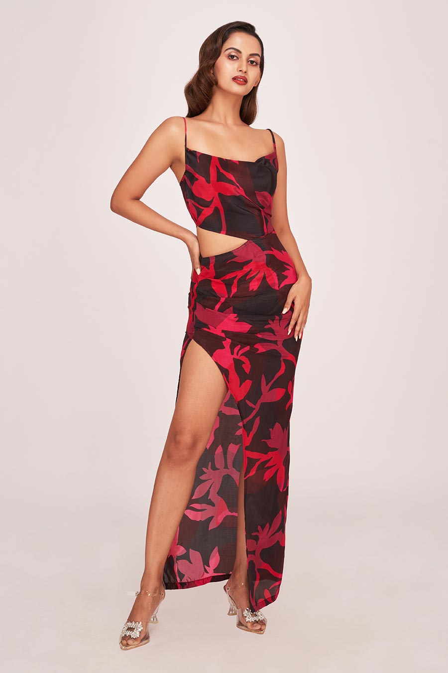 Multicolour Printed Cowl Long Dress