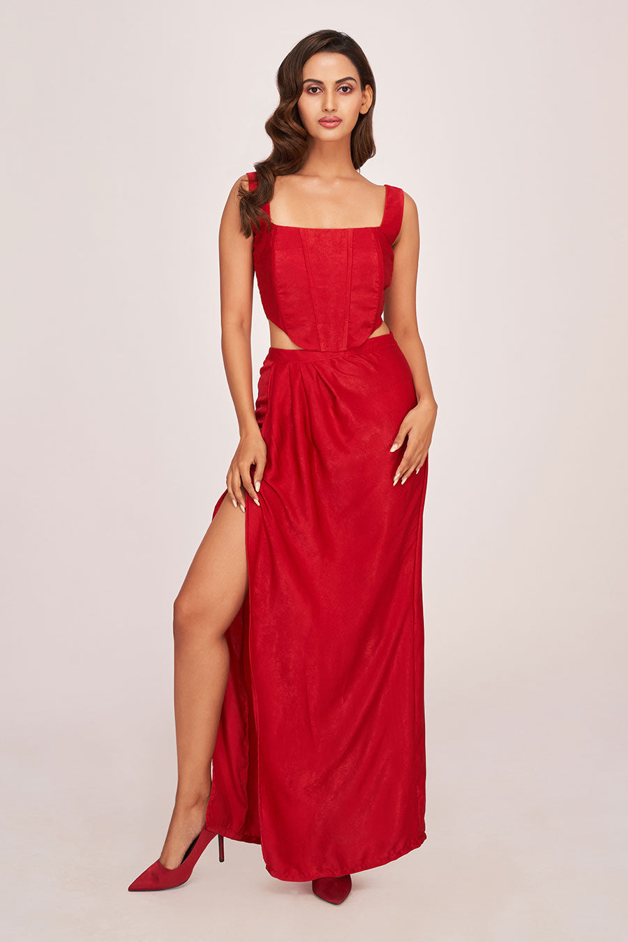 Red Corset Top & Long Skirt Co-Ord Set