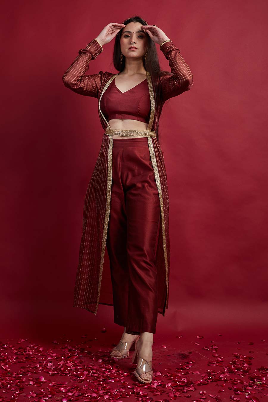 Maroon Top Pant with Long Shrug Jacket Co ord Set