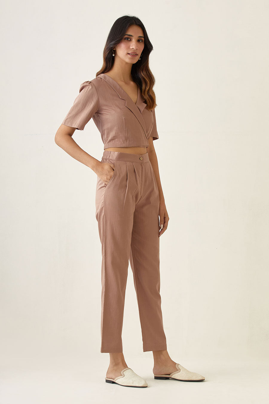 Taupe Crop Top with Pleated Pant Co-ord Set