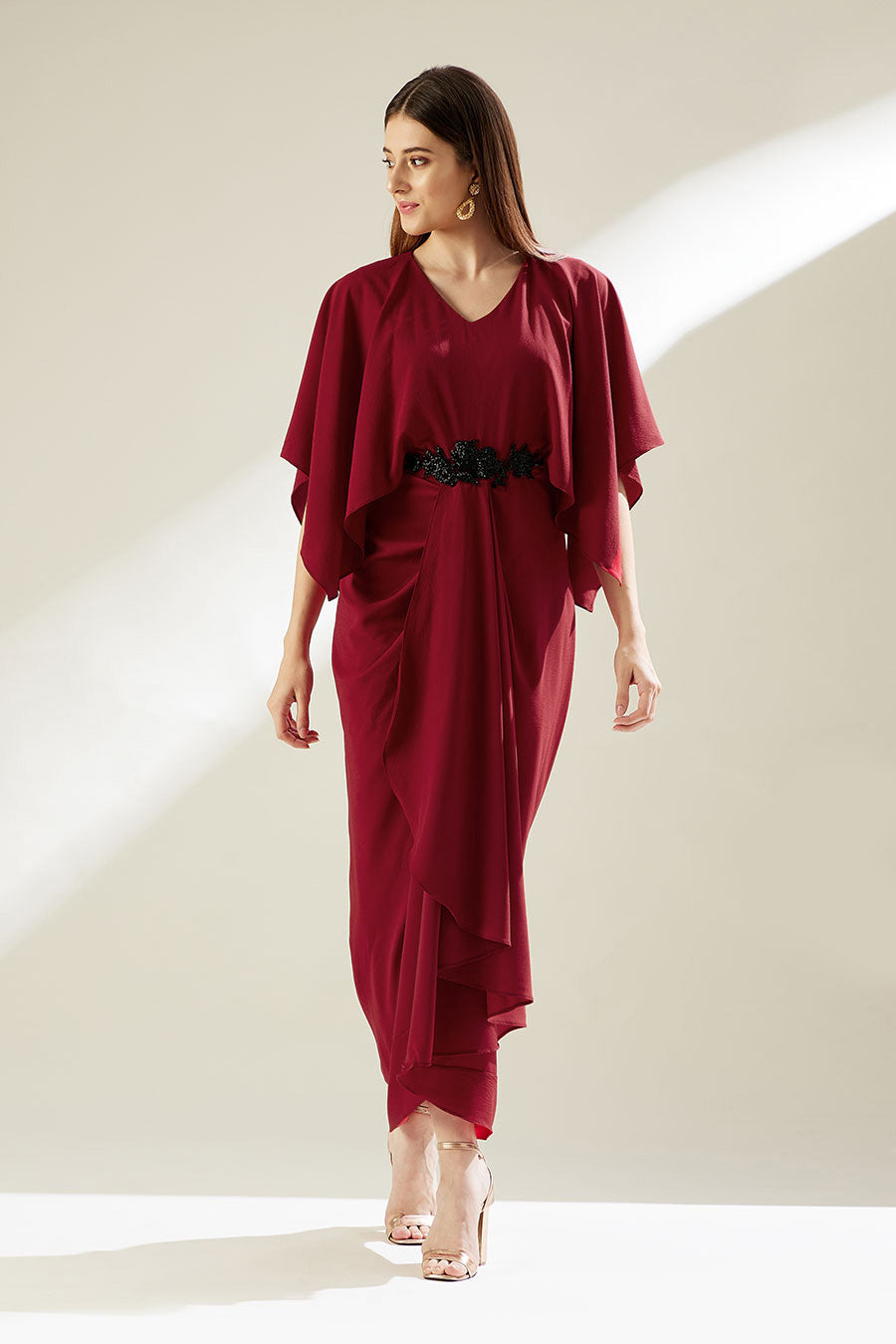Red Embroidered Drape Dress