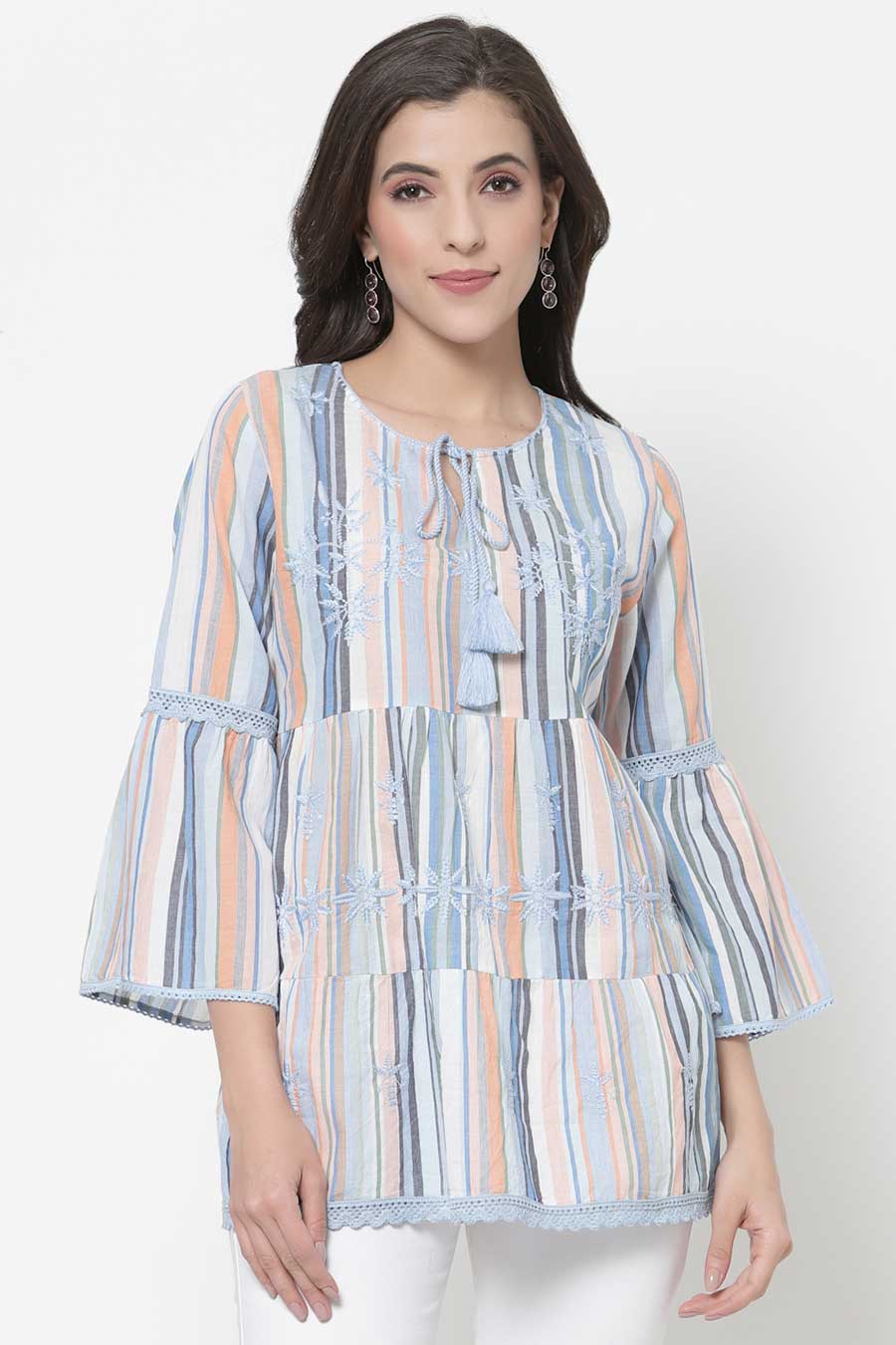 Multicolour Stripe Cotton Embroidered Top