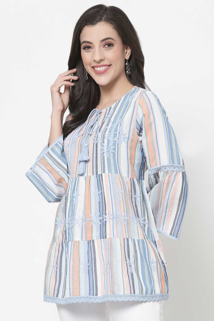 Multicolour Stripe Cotton Embroidered Top
