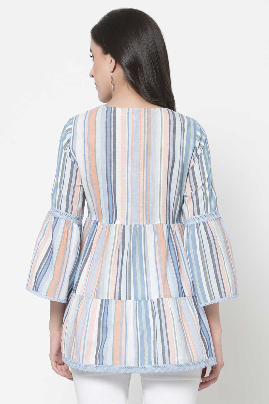 Multicolour Stripe Cotton Embroidered Top