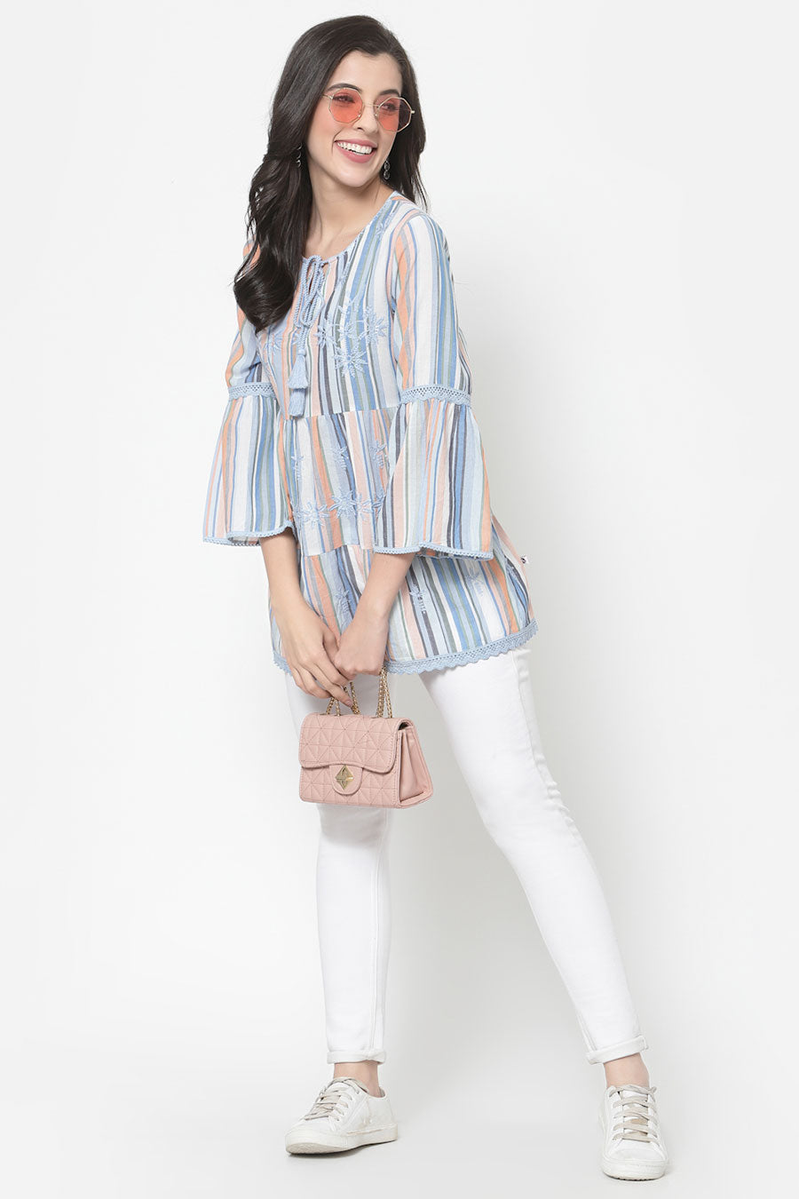 Multicolour Stripe Cotton Embroidered Top