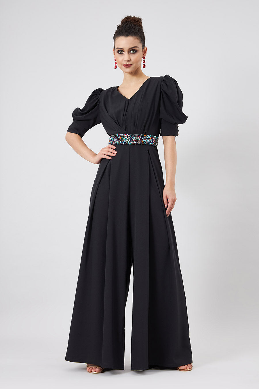 Black Jumpsuit With Crystal Embellished Belt