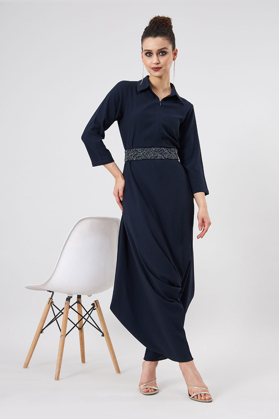 Navy Lounge Jumpsuit With Embellished Belt
