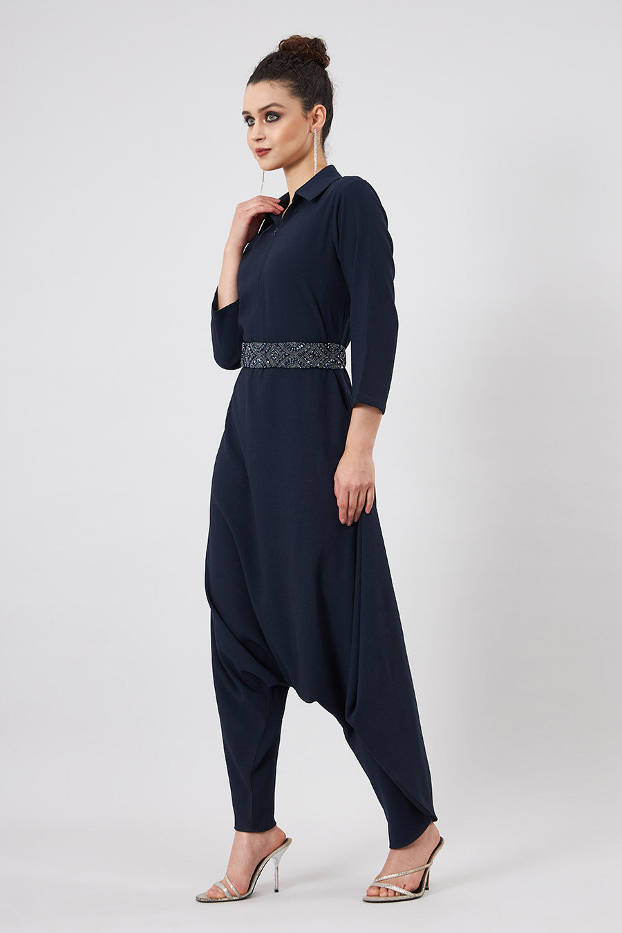 Navy Lounge Jumpsuit With Embellished Belt