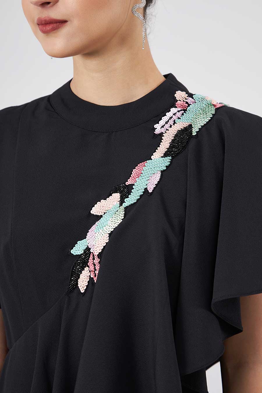 Noir Embroidered Cascade Drape Dress