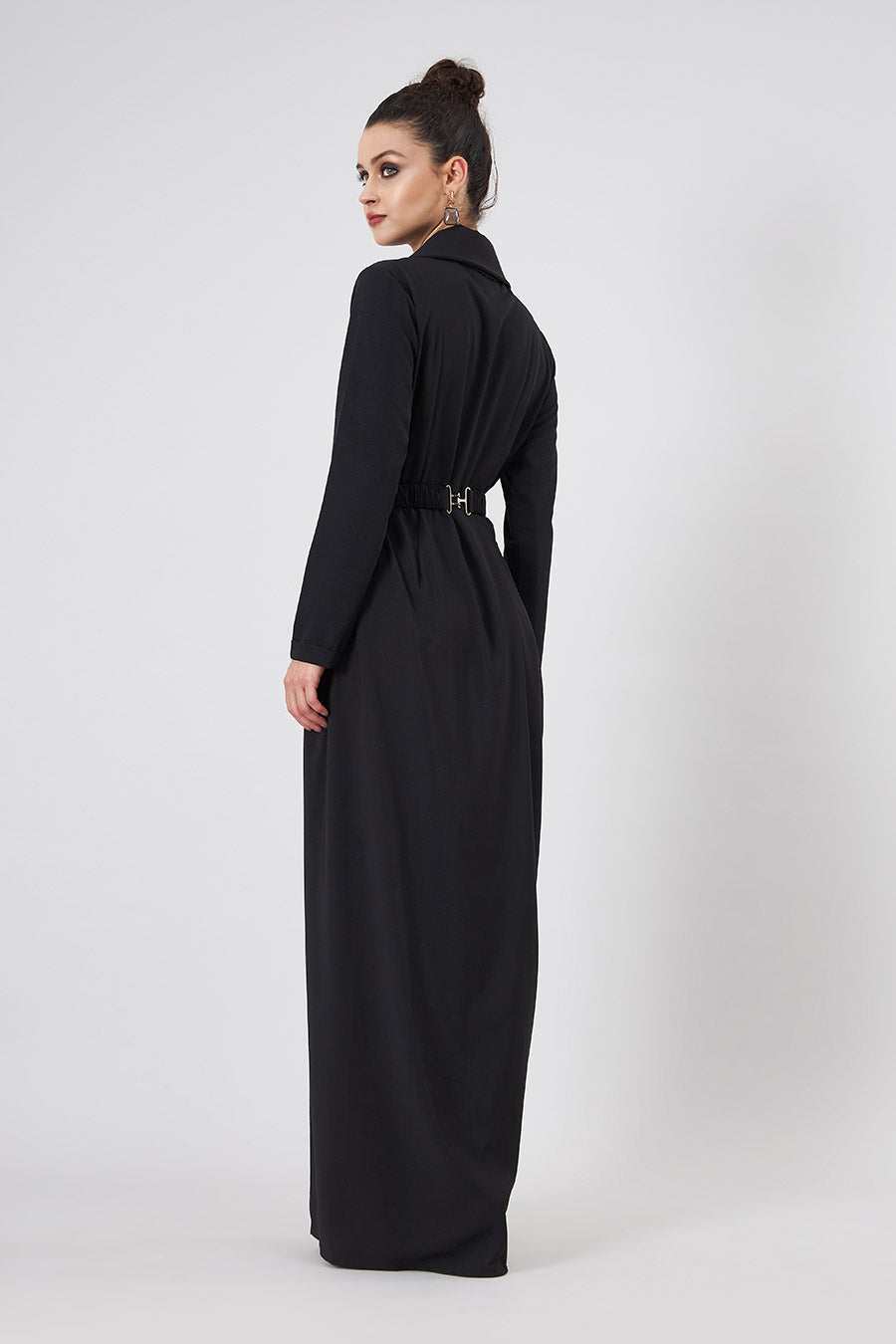 Black Notch Drape Dress With Embellished Belt