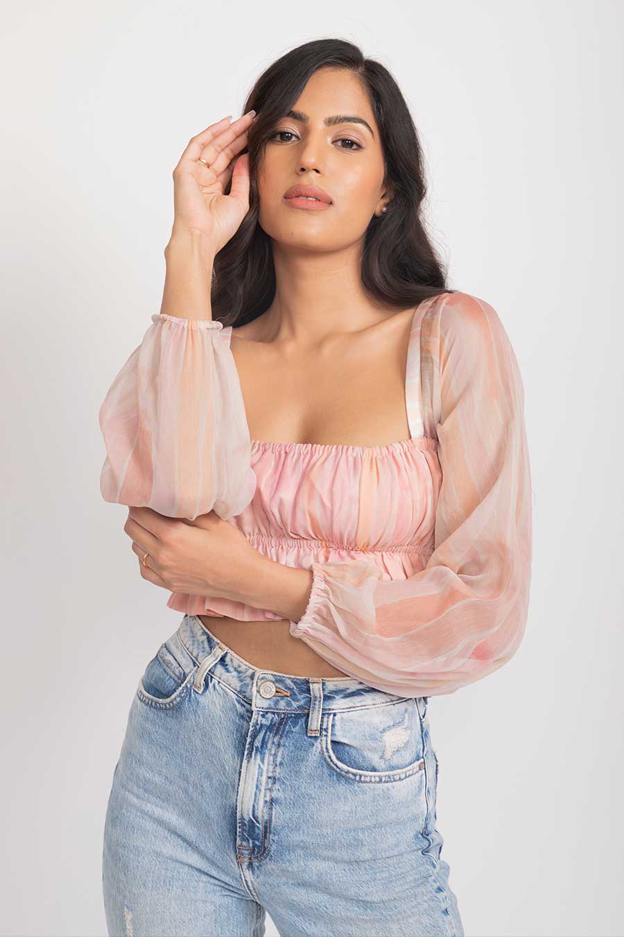 Maia Pink Chiffon Frilled Crop Top
