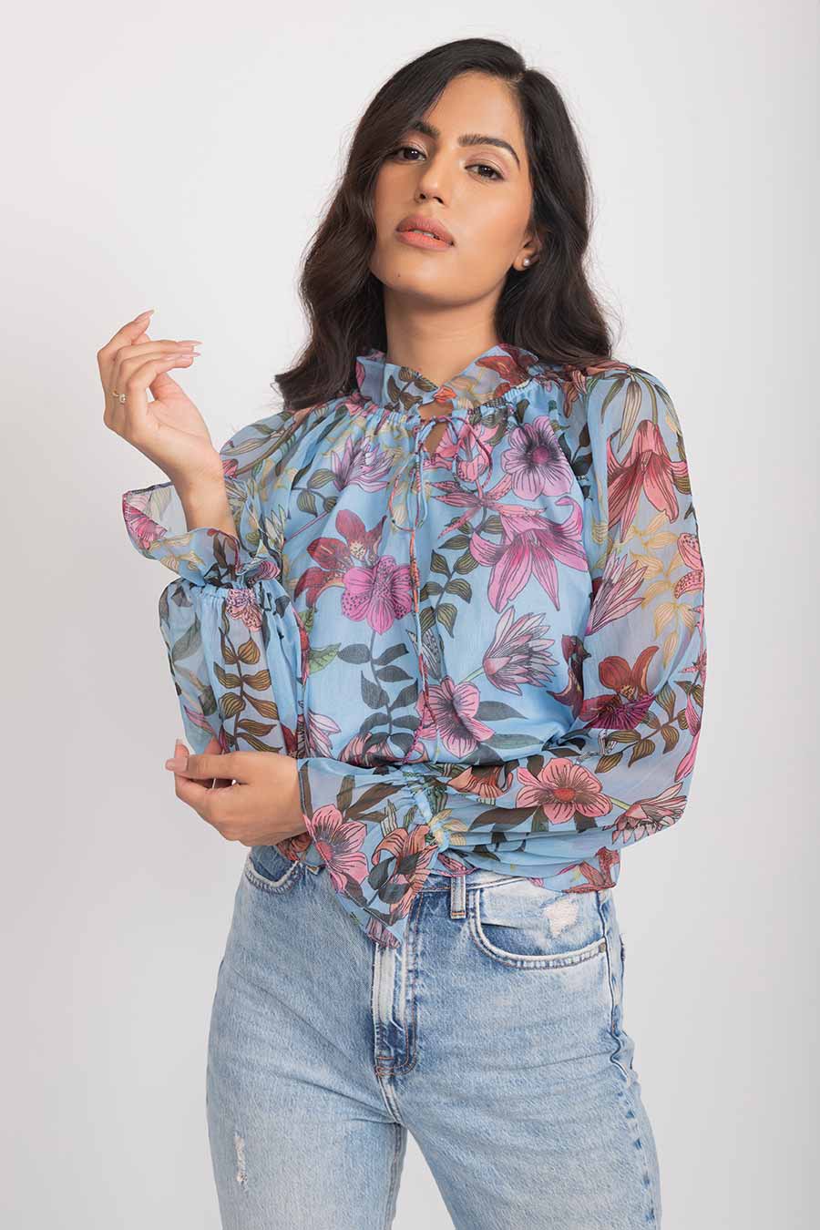 Julia Blue Chiffon High Neck Ruffle Top