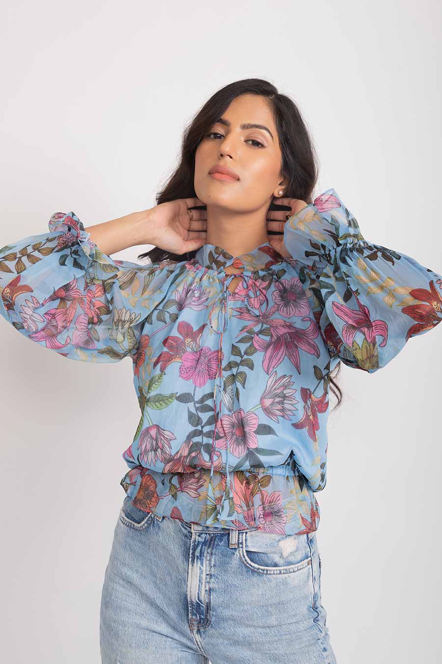 Julia Blue Chiffon High Neck Ruffle Top