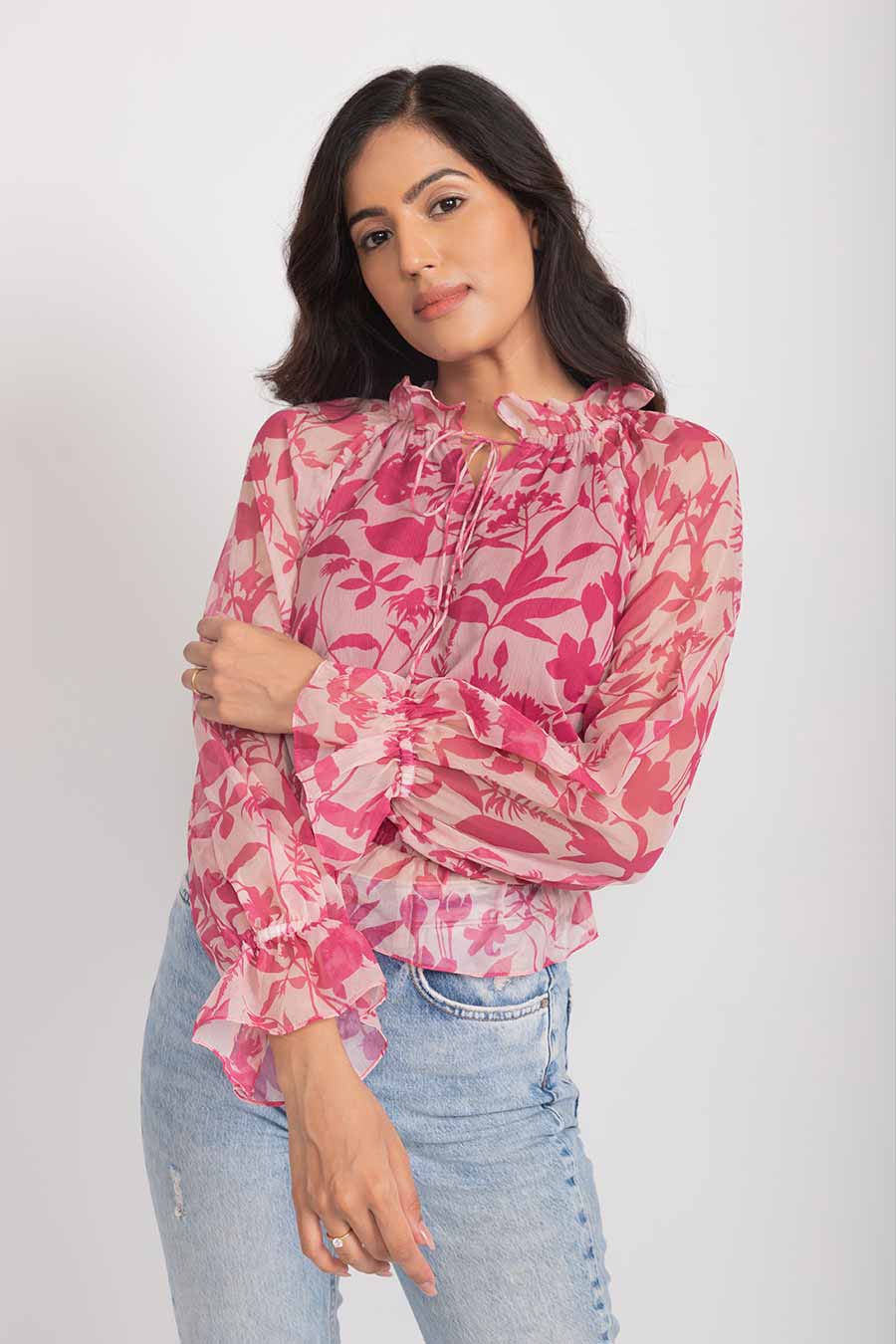 Alina Pink Chiffon High Neck Ruffle Top