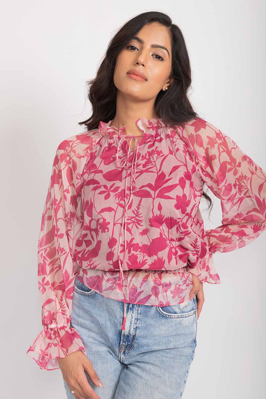 Alina Pink Chiffon High Neck Ruffle Top
