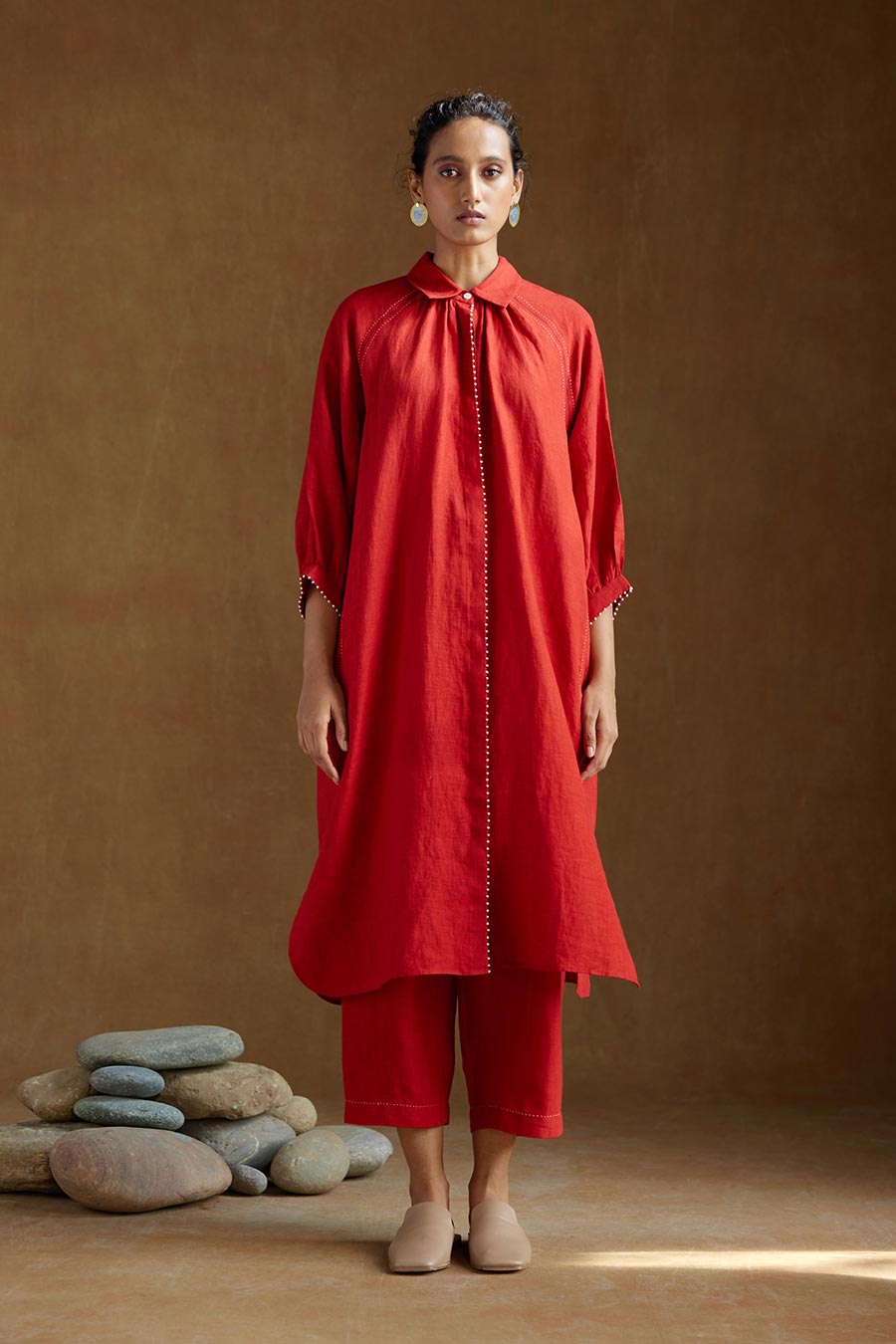Red Linen Kurta Set