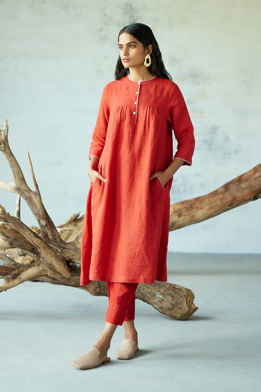 Red Linen Kurta Set