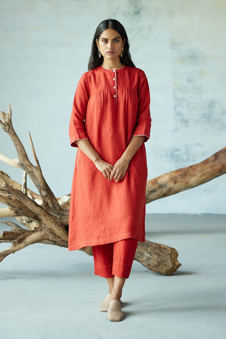 Red Linen Kurta Set