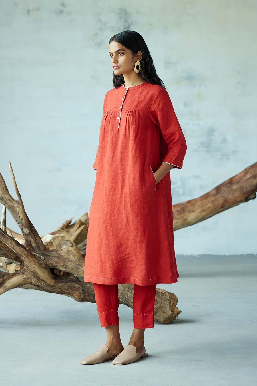 Red Linen Kurta Set