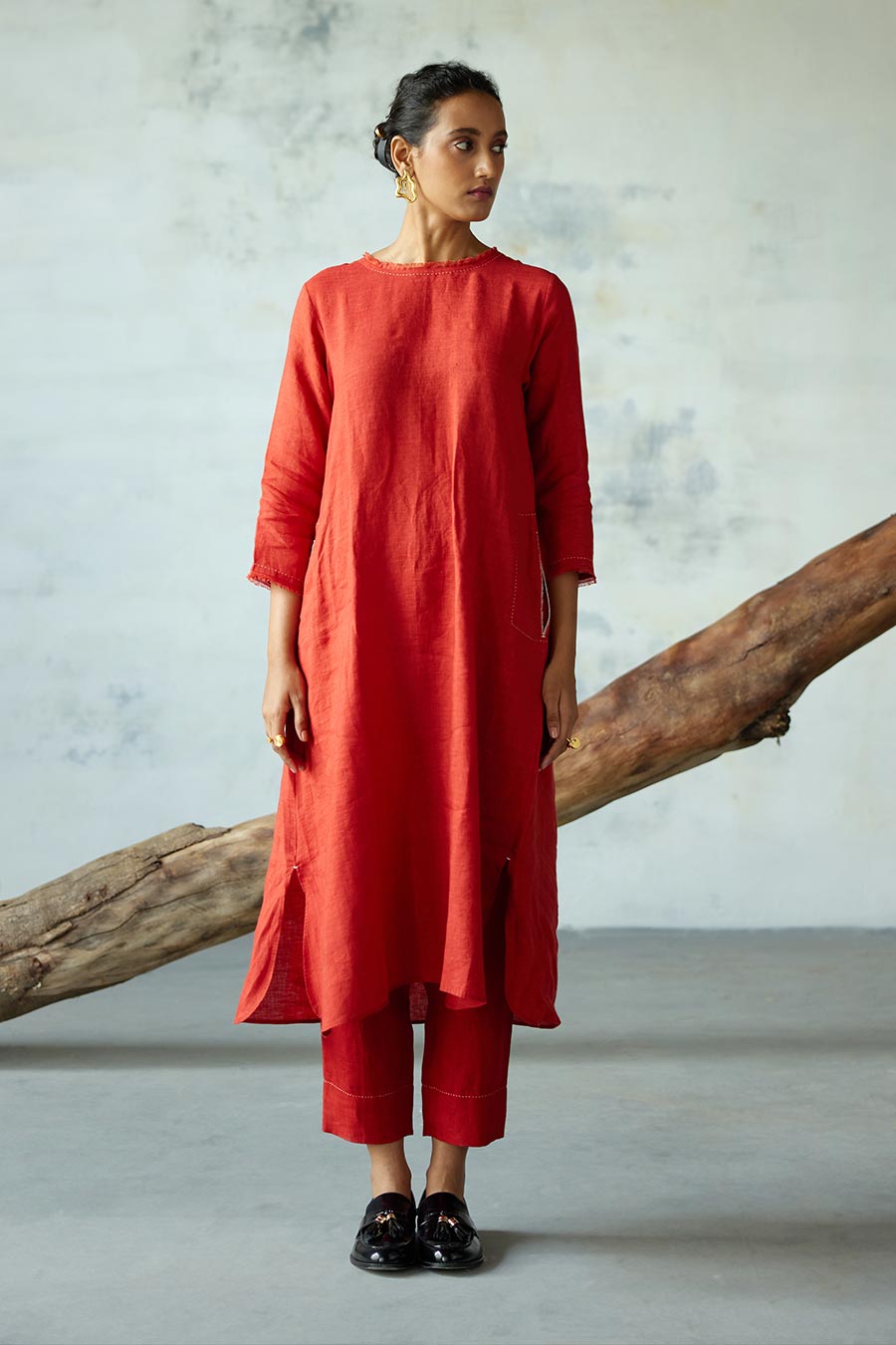 Red Linen Kurta Set