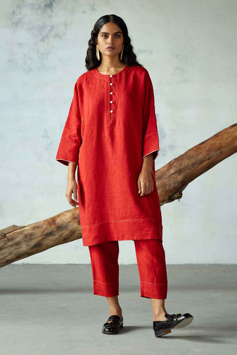 Red Linen Kurta Set