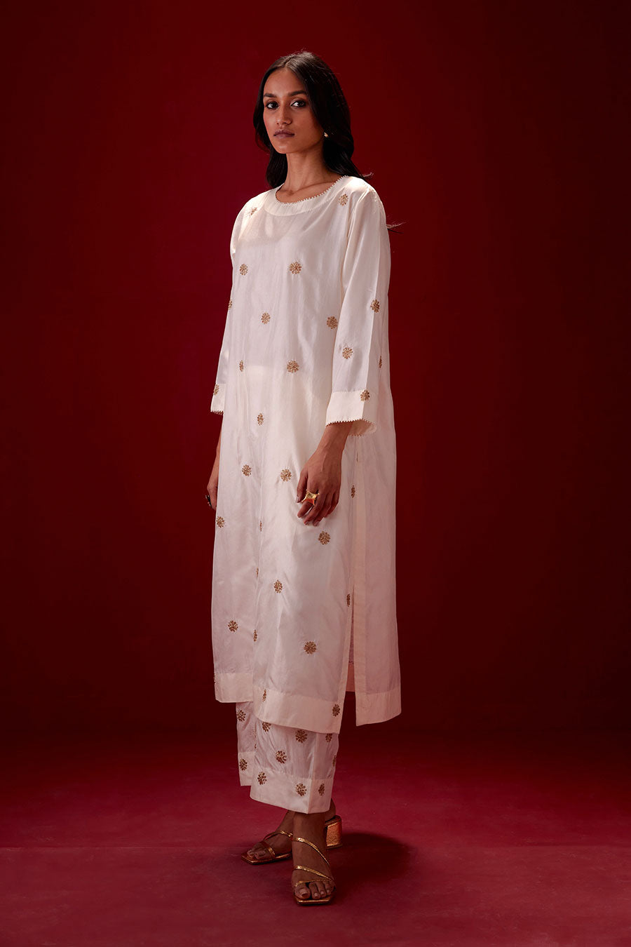 Ivory Silk Embroidered Kurta & Pant Set