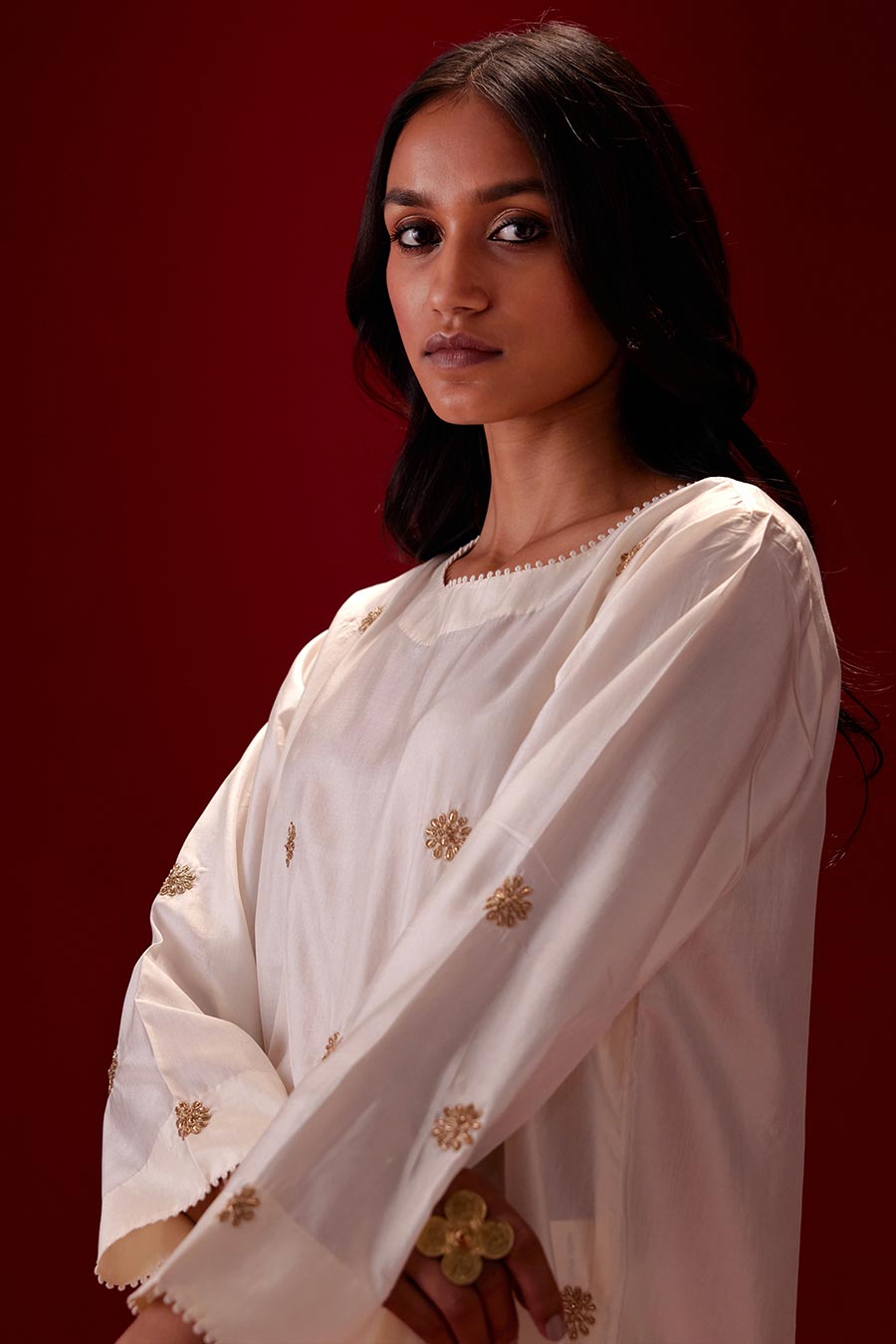 Ivory Silk Embroidered Kurta & Pant Set