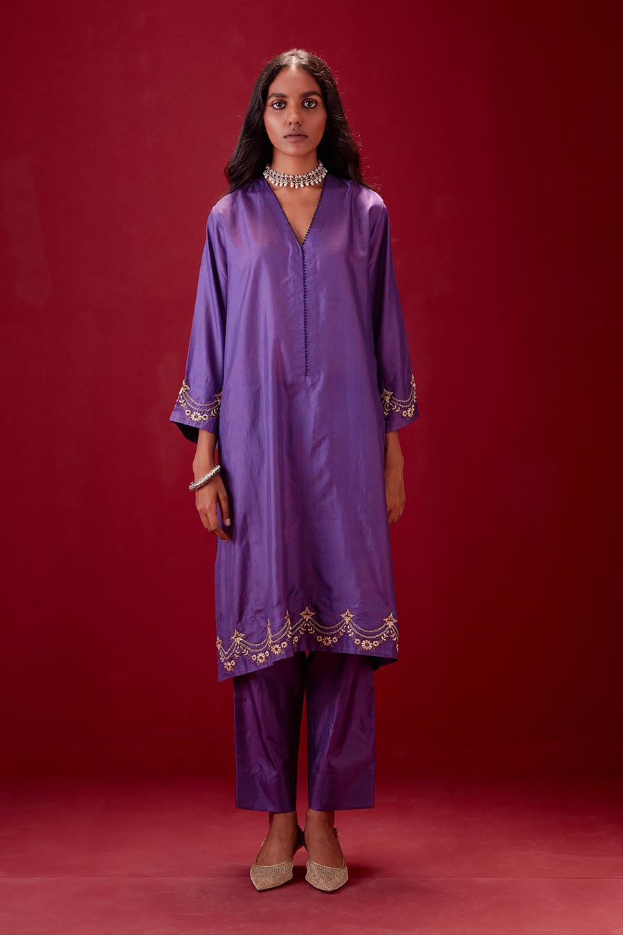 Grape Silk Embroidered Kurta & Pant Set
