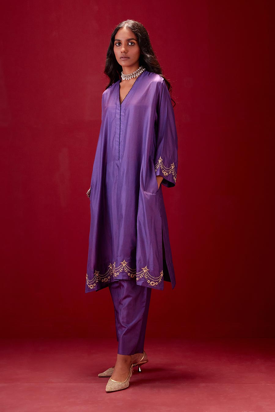 Grape Silk Embroidered Kurta & Pant Set
