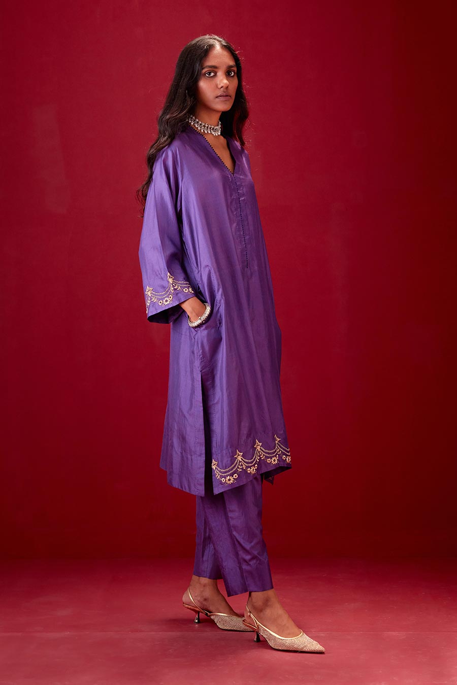 Grape Silk Embroidered Kurta & Pant Set