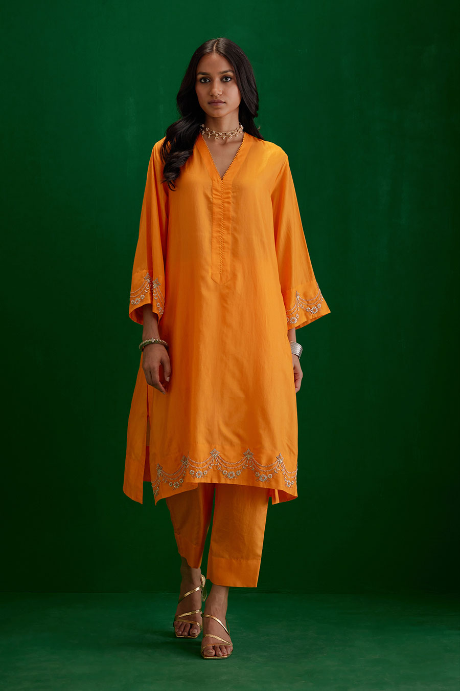 Marigold Silk Embroidered Kurta & Pant Set