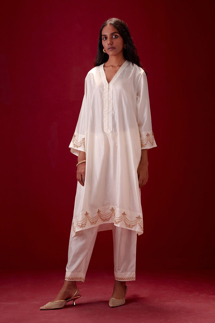 Ivory Silk Embroidered Kurta & Pant Set
