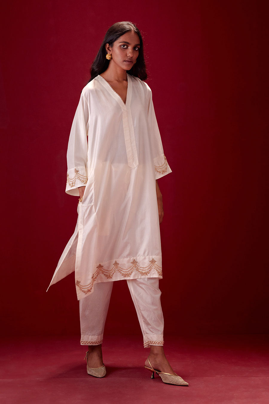 Ivory Silk Embroidered Kurta & Pant Set