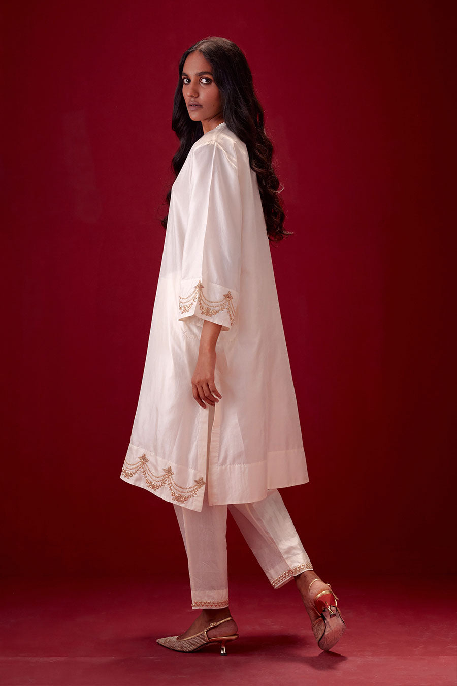 Ivory Silk Embroidered Kurta & Pant Set