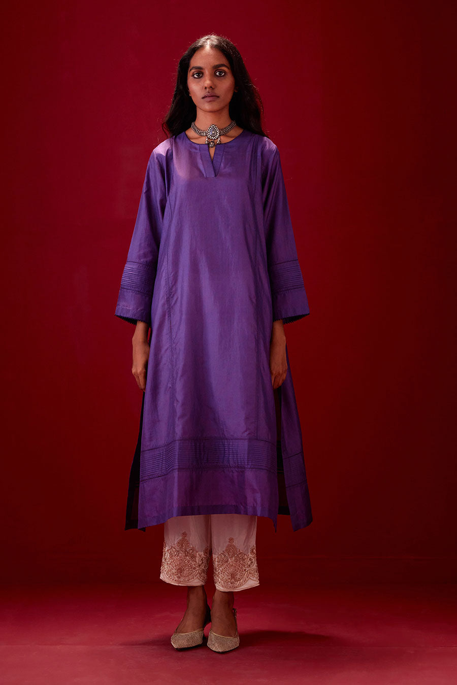 Grape Silk Embroidered Kurta & Pant Set