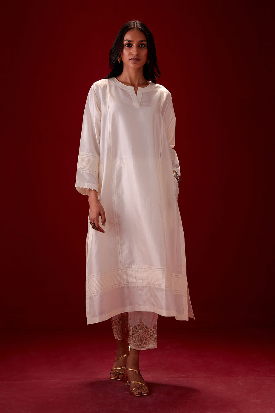 Ivory Silk Embroidered Kurta & Pant Set