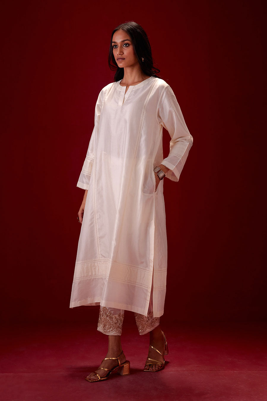 Ivory Silk Embroidered Kurta & Pant Set
