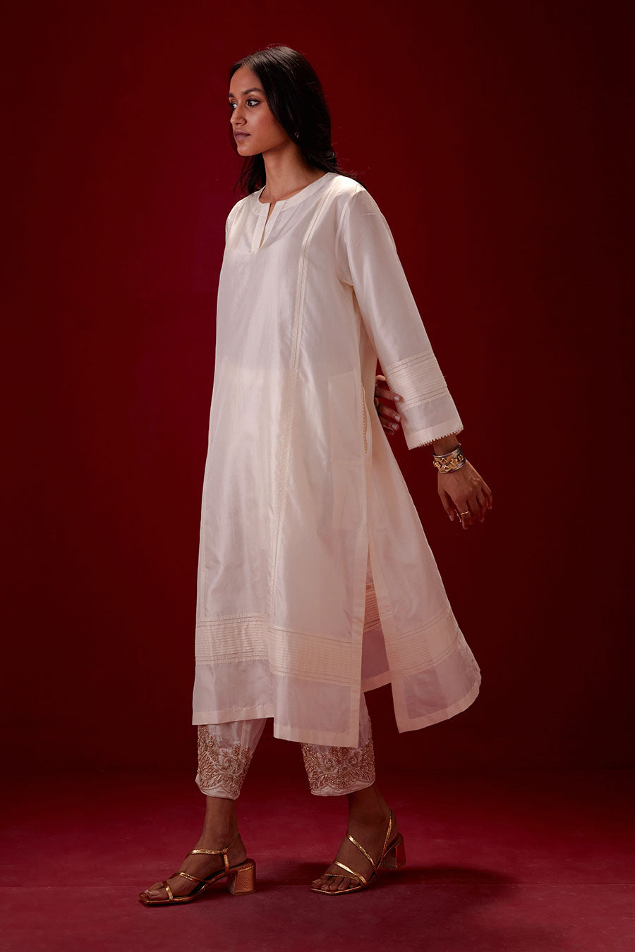 Ivory Silk Embroidered Kurta & Pant Set