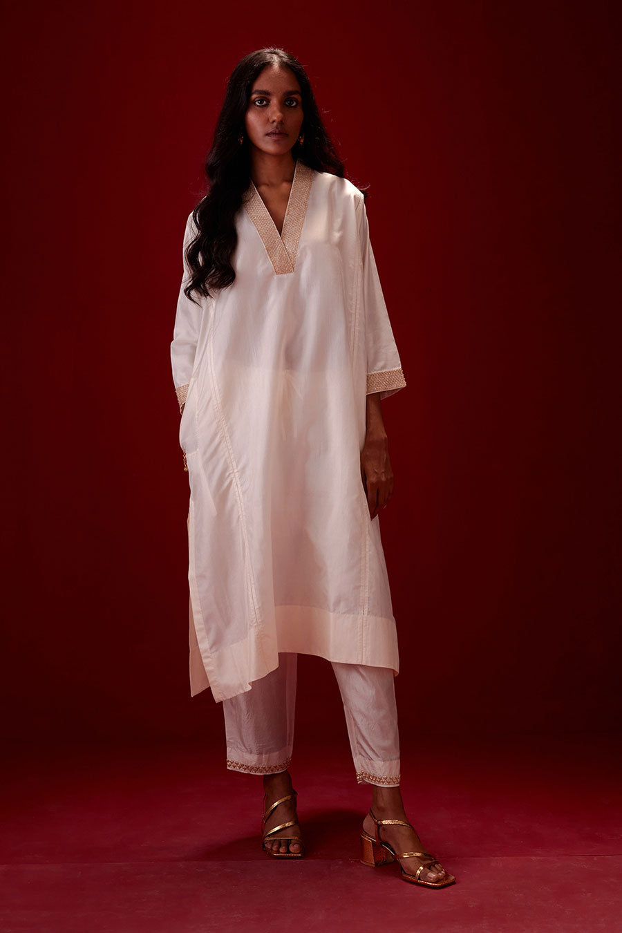 Ivory Silk Embroidered Kurta & Pant Set
