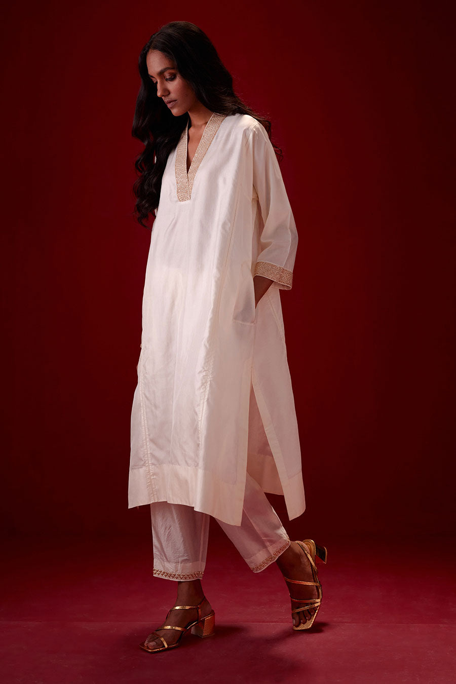 Ivory Silk Embroidered Kurta & Pant Set